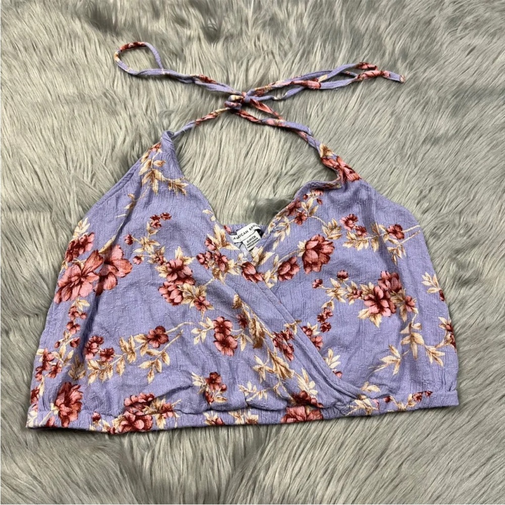 American Eagle Purple Floral Halter Crop Top Size Small